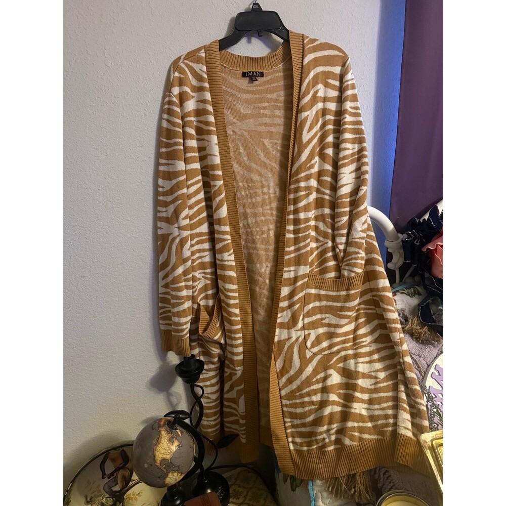 Zebra Print Cardigan Camel Cream Open Front Duster Sweater Pockets Plus Sz 1X